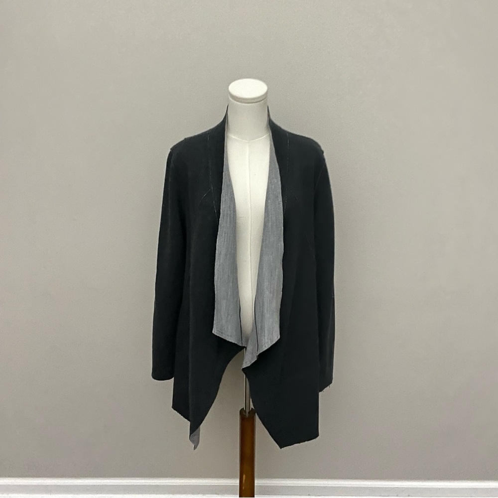 Eileen Fisher Cardigan Sweater Merino Wool Raw Seams Mid Weight Travel Dark Grey